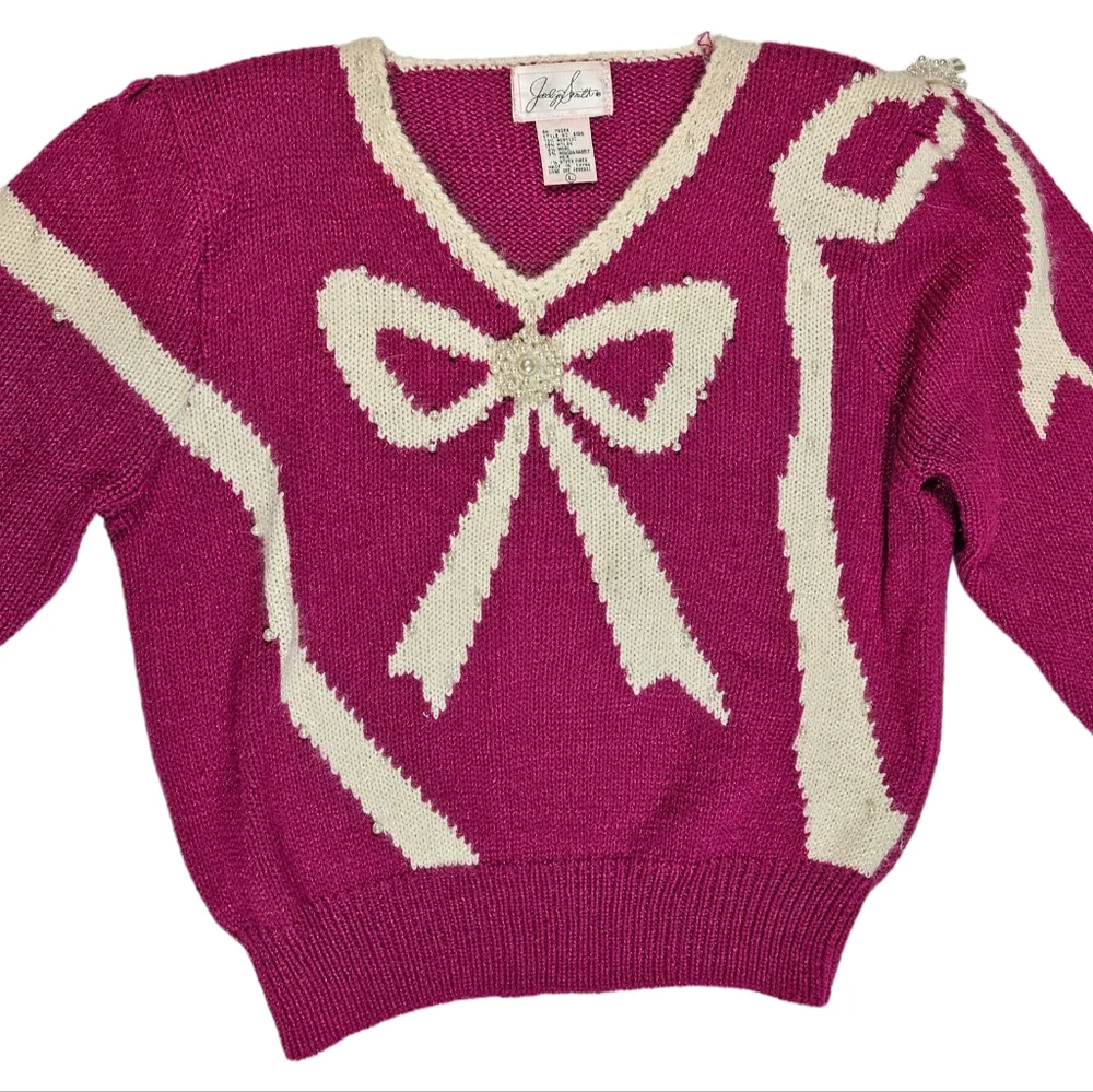 Vintage Jaclyn Smith Hot Pink White Bow Sweater Sz L Pearl Bead Granny Coquette - Picture 7 of 16